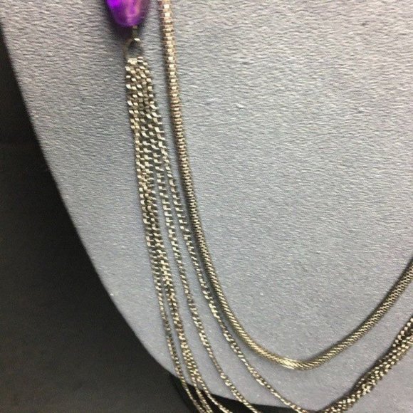 Iridescent Purple Multistrand Necklace Long Faceted Silver Mesh Chain Retro - Picture 3 of 9